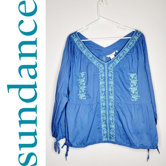 Sundance Tops Sundance Blue Embroidered V Neck Peasant Blouse